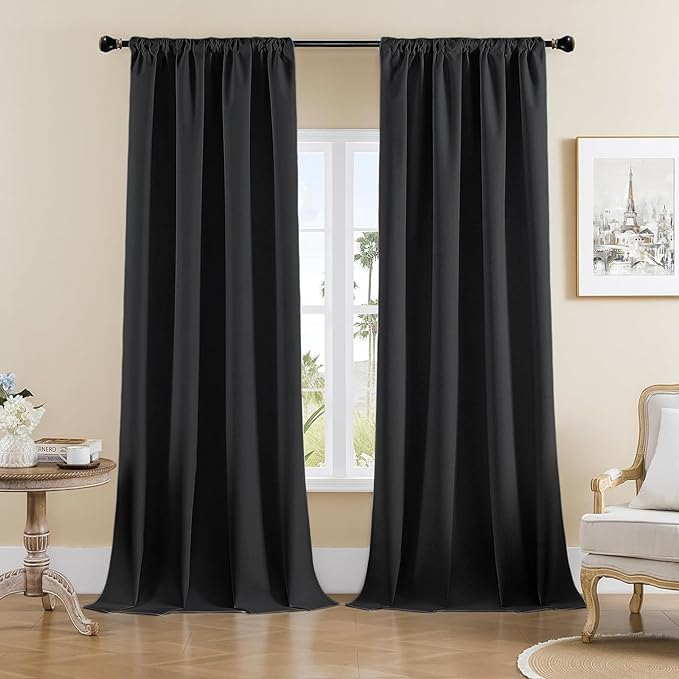 Joydeco Faux Linen Blackout Curtains for Bedroom,Black Blackout Curtains 108 inches Long,100% Blackout Solid Thermal Insulated Window Drapes Luxury Decor for Living Room（W52xL108 Inch,Black）-BubblyBeeBaby