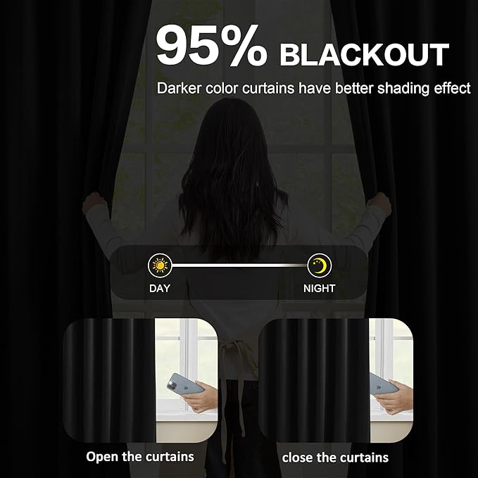 KEQIAOSUOCAI Black Curtains Blackout 104 Inches Long, Luxury Faux Silk Polyester Pinch Pleated Thermal Insulated Black Out Curtains with Hooks for Bedroom Living Room Home Office 40x104-BubblyBeeBaby