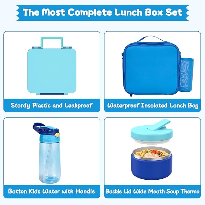 Kids Bento Lunch Box with 8oz Soup Thermo, Water Bottle, Kids Leakproof Lunch Food Containers with 4 Compartment, Insulated Hot Food Jar with Lunch Bag for School, Trvael (Blue)-BubblyBeeBaby