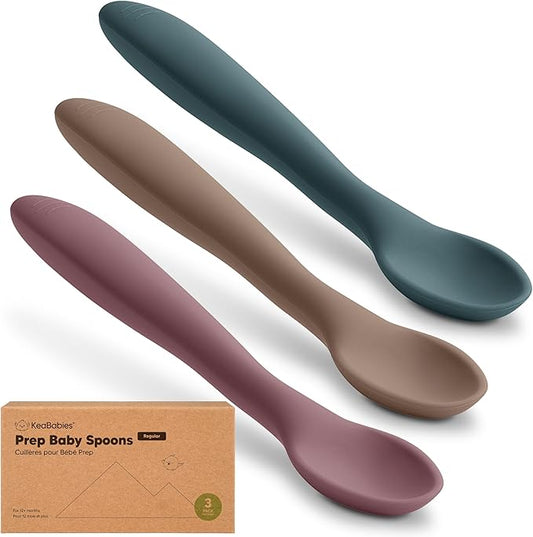 KeaBabies Silicone Baby Spoons, Self Feeding 6-12 months - 3-Pack Baby Weaning Eating Utensils, Toddler First Food Training Spoon, Infant, Kids Feeding Supplies Essential Set, Dishwasher-safe (Rocky)-BubblyBeeBaby
