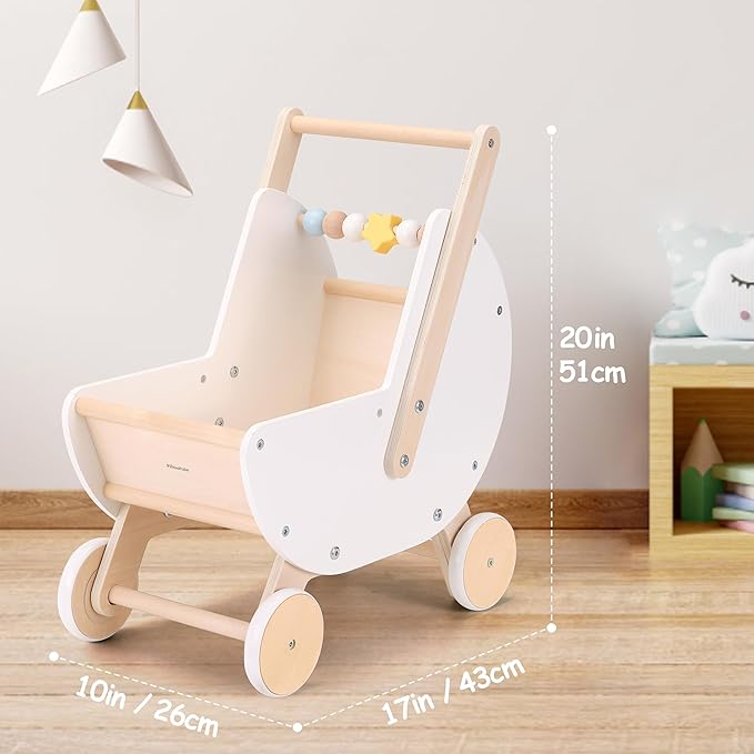 Wooden Baby Walker & Doll Stroller – Adjustable Handle Push Cart, Anti‑Tip, Quiet Wheels, Pretend Shopping Cart – Montessori Wooden Walker for Babies , Doll Stroller for Toddlers 12m+-BubblyBeeBaby