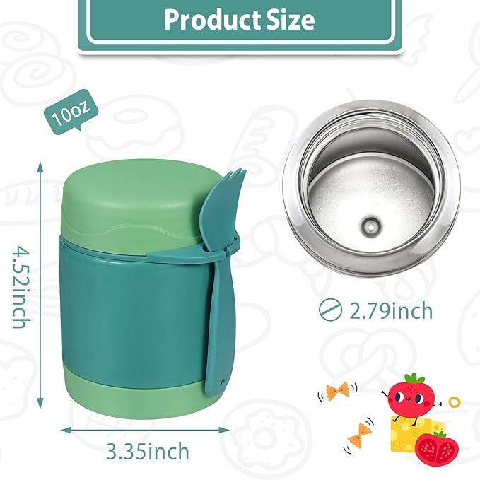 10oz Soup Thermo for Hot Food Kids,Lunch Thermo Kids Food Jar with Spoon Hot Insulated Food Containers,Leak Proof Stainless Steel Wide Mouth Lunch Food Thermo Jar for School(Green)-BubblyBeeBaby