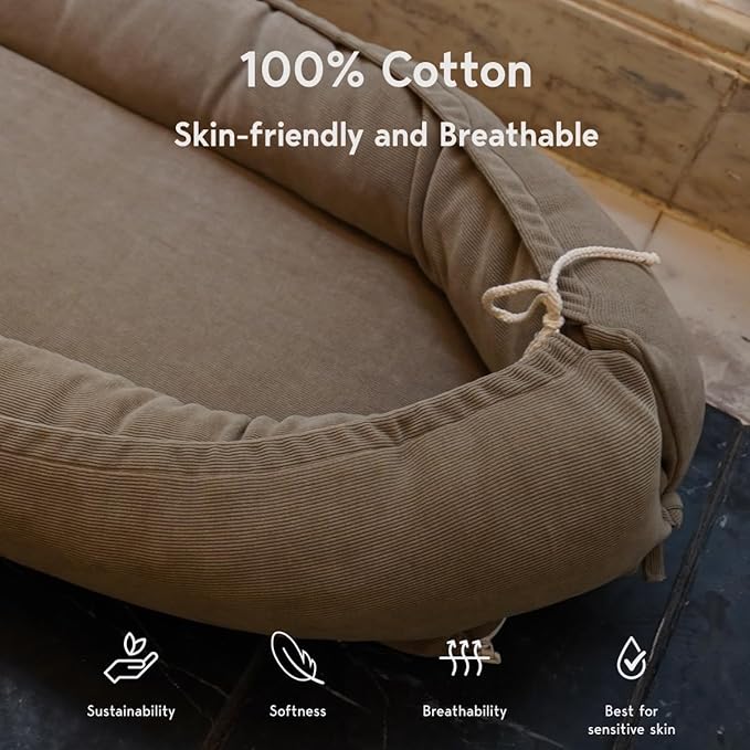 Infant Lounger, Baby Nest Cover for Baby Girls & Boys, Newborn Essentials for Baby 0-12 Months, 100% Cotton Breathable (Fields of Rye, Corduroy)-BubblyBeeBaby
