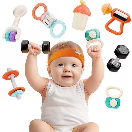 iPlay, iLearn Baby First Gym Rattle Set, Infant Dumbbell Weights Teething Rattles 3-6-12 Month, Newborn Workout Sensory Stroller Toy, Babies Birthday Shower Gift 5 7 8 9 10 Month Toddler Boy Girl-7PCS-BubblyBeeBaby
