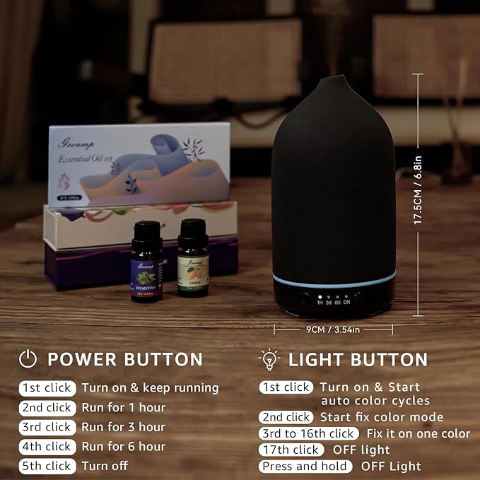 200ML Ceramic Essential Oil Diffuser - Ultrasonic Aromatherapy & Humidifier with 7-Color LED Lights, Auto Shut-Off, Black, 1H/3H/6H Timer | Scent for Home, Office, Yoga-BubblyBeeBaby