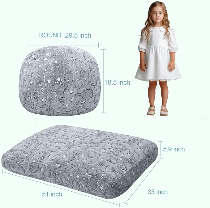 Kids Bean Bag Chair Turn into Beanbag Bed, Dinosaur Toddler Bean Chair for Girl Boy Sleeping, Lazy Children Bean Bags with Filler, Convertible Child Floor Mattress, Grey Dino-BubblyBeeBaby