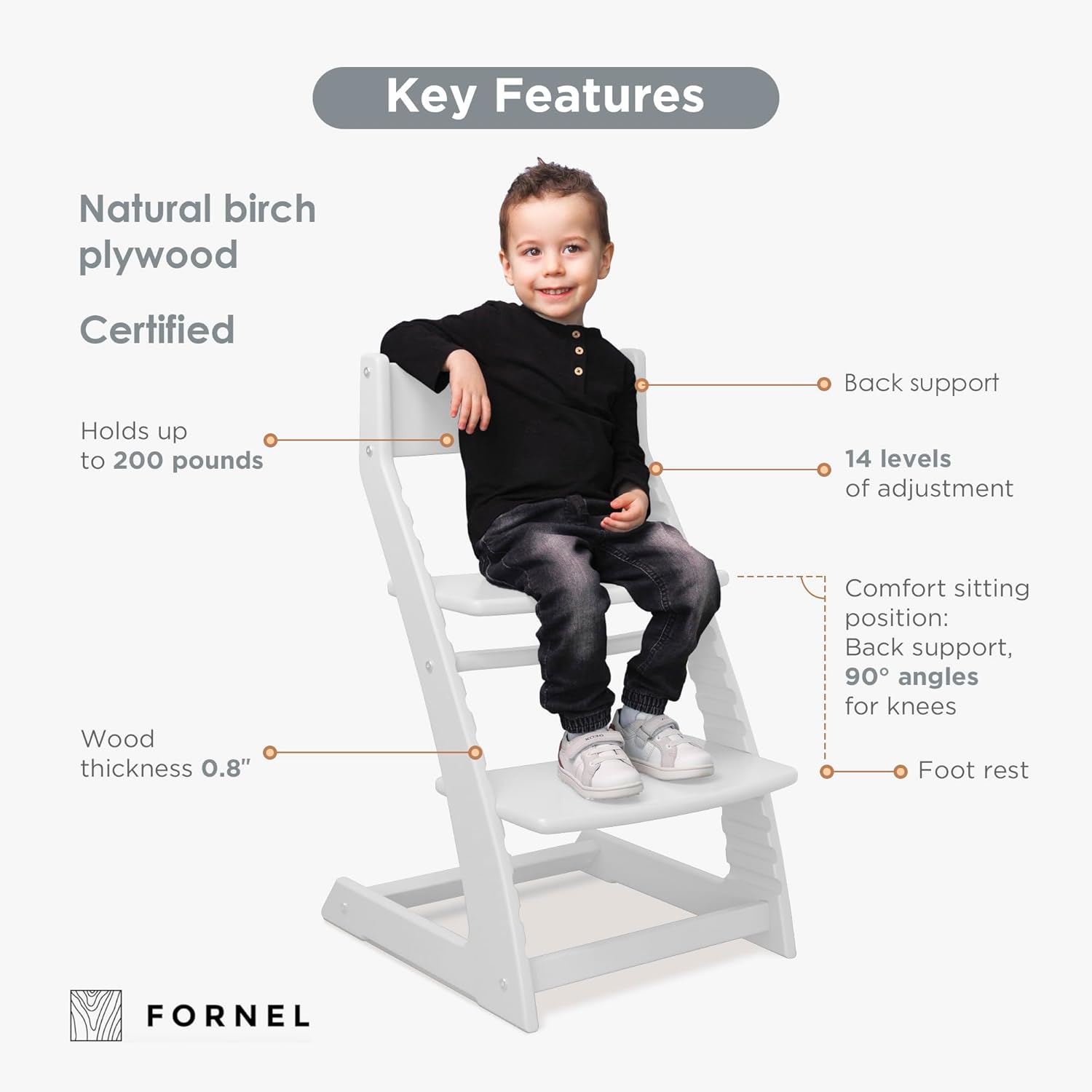 FORNEL Modern White Wooden High Chair | The Forever Chair That Grows from Toddler to Adult (200 lb) | Sleek, Easy-to-Clean Scandinavian Design