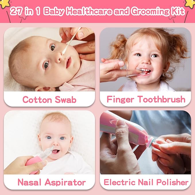Infant Grooming Essentials: Electric Safety Nail Trimmer, Nasal Aspirator, Hair Brush, Comb, Nail Clipper (27 Piece Safety Care Set for Newborns - Pink)-BubblyBeeBaby