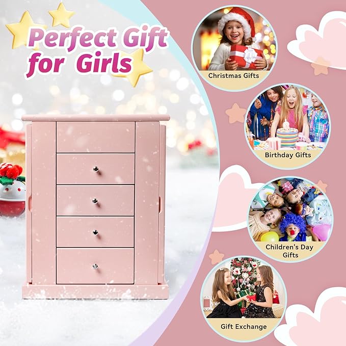 Jewelry Box for Girls, Musical Jewelry Box with Spinning Dancer Gifts for Little Girls Christmas New Year Birthday Children's Day, 5 Layer Large Wooden Kids Music Jewelry Organizer Box(Pink)-BubblyBeeBaby