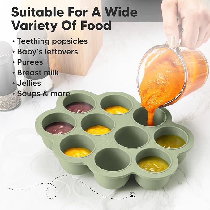 KeaBabies Silicone Food Freezer Trays with Lid, 2oz x 10 Pods Baby Food Storage Containers, Easy Puree Meal Prep, Breast Milk Silicone Freezer Molds, Dishwasher, Microwave Safe, BPA-Free (Sage)-BubblyBeeBaby