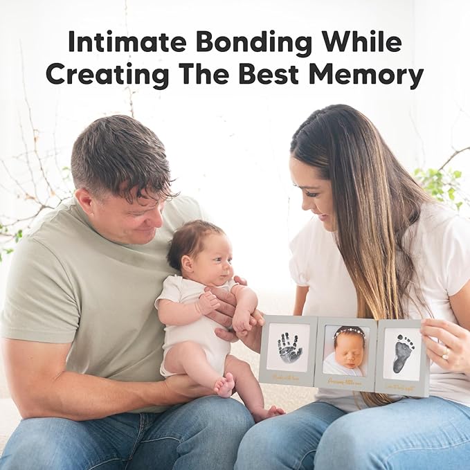 Inkless Baby Handprint and Footprint Kit for Newborn - Baby Footprint Kit, Newborn Keepsake Nursery Picture Frame,Dog Paw Print Maker,Personalized Gifts for New Mom,Showers & Registry(Cloud Gray/Gold)-BubblyBeeBaby