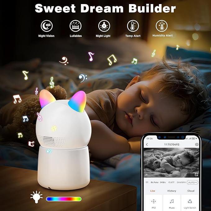 1080P Pan/Tilt Security Camera for Baby Monitor, 2.4G WiFi Pet Camera with Motion Detection, Night Vision, 2-Way Talk, RGB Night Lights, Lullabies, TF/Cloud Storage, Works with Alexa & Google Home-BubblyBeeBaby