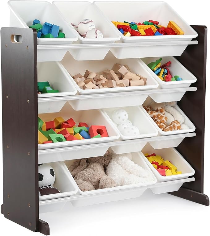 Humble Crew Kids Toy Storage Organizer with 12 Plastic Bins, Espresso/White – Removable Bins for Playroom, Bedroom, Toddler Furniture for Boys and Girls Ages-BubblyBeeBaby
