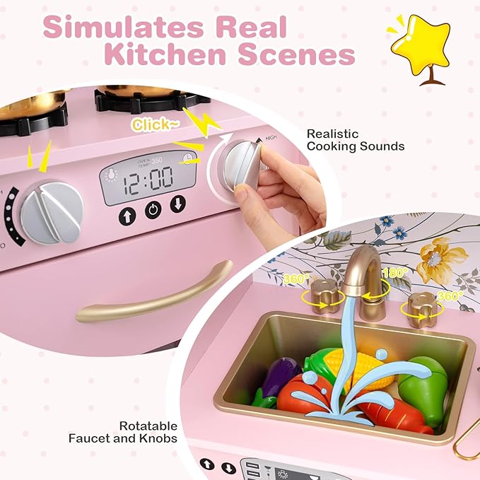 HONEY JOY Kids Kitchen Playset, Wooden Little Chef Pretend Toy Kitchen Set w/Chalkboard, Telephone, Utensils, Oven, Microwave, Sink, Storage, Play Kitchen for Toddlers Boys Girls, Pink Flower-BubblyBeeBaby