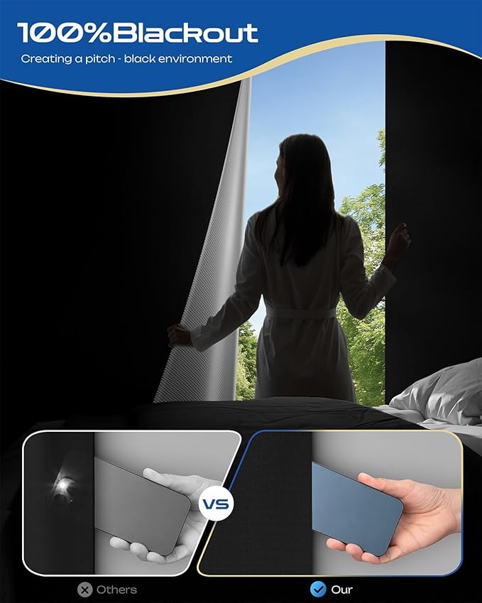 24" W x 60" L 100% Portable Blackout Curtains, Total Darkness No-Drill Black Out Window Cover,Temporary Blackout Shades with Hook & Loop Tape, for Bedroom, Nursery, Dorm, Travel (Black)-BubblyBeeBaby