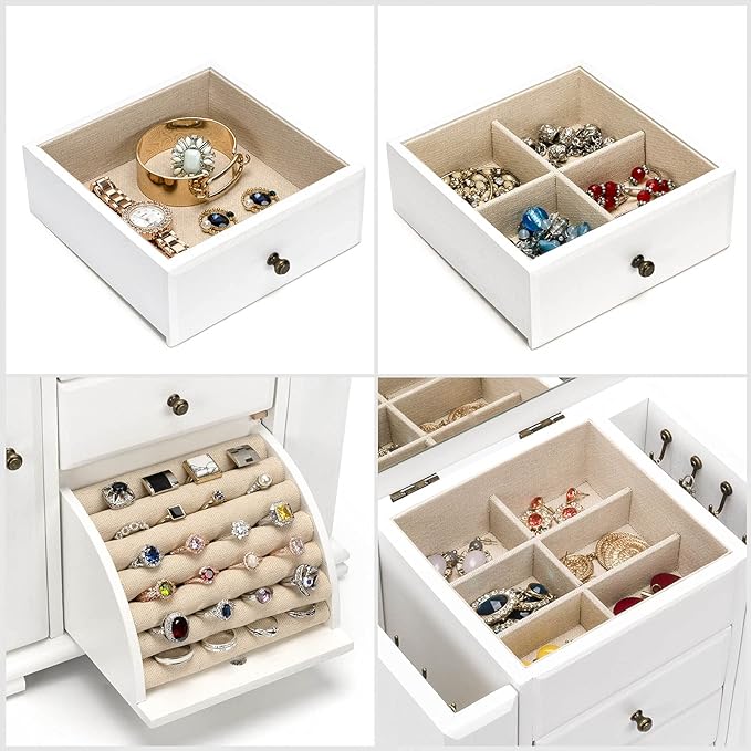 Jewelry Box for Women, Rustic Wooden Jewelry Boxes & Organizers with Mirror, 4 Layer Jewelry Organizer Box Display for Rings Earrings Necklaces Bracelets (Weathered White)-BubblyBeeBaby
