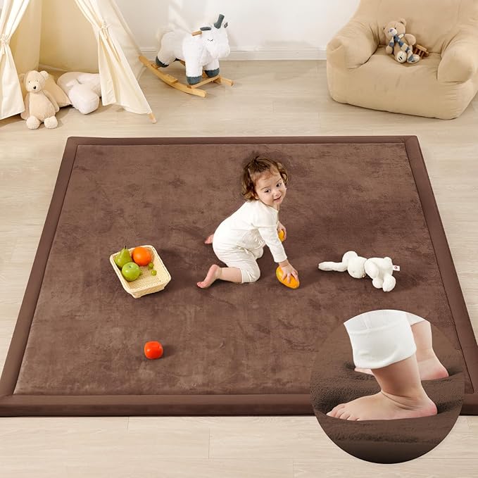 1.3" Thick Baby Play Mat for Floor, 79x79 Large Foam Tummy Time Mat, Padded Support Soft Plush Nursery Rug for Infant Kids Toddler Crawling Kick Activity (Chocolate Brown)-BubblyBeeBaby