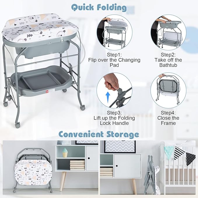 HONEY JOY Baby Changing Table with Bathtub, Foldable Infant Diaper Changing Station with Wheels, Storage Tray, Waterproof Pad, Portable Newborn Nursery Organizer Bath Stand for Boys Girls (Gray)-BubblyBeeBaby