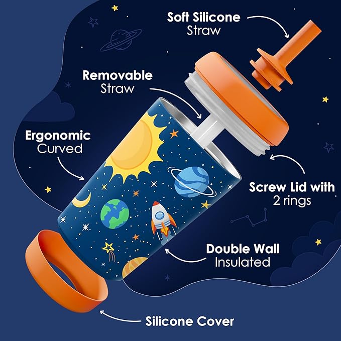 Kid Insulated Stainless Steel Tumbler with Silicone Straw, 12oz Sippy Cup for Kids (Outer Space)-BubblyBeeBaby