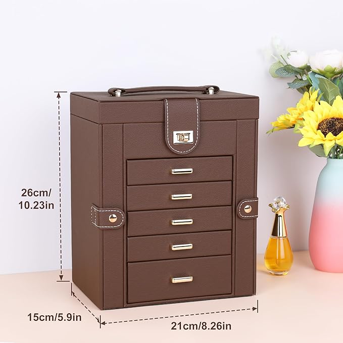 Kendal Jewelry Box, 6-Layer Jewelry Storage Organizer for Necklace Bracelet Rings Watch, 10.2"x8.2"x6" Classic Brown PU Leather 5 Drawers Large Storage Capacity with Mirror-BubblyBeeBaby