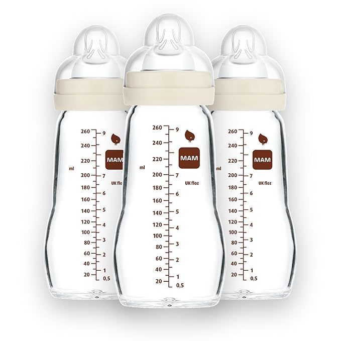 MAM Premium Glass Baby Bottles, Easy Switch Between Breast and Bottle, Feel Good Slow Flow, Newborn Essentials Must Have, 2+ Months, BPA Free, 9oz, Unisex, 3 Pack-BubblyBeeBaby