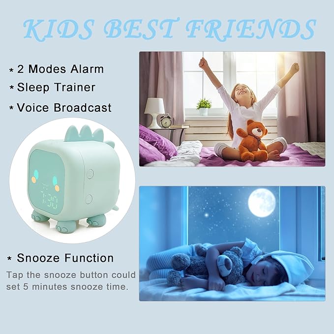 Kids Alarm Clock Girls Green Dinosaur Alarm Clocks with Night Light Bluetooth Digital Alarm Clock for Kids Girls Children-BubblyBeeBaby