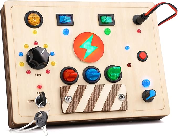 Joyreal Montessori Busy Board Wooden Sensory Toys for Toddler with LED Light Up Switch, Baby Fidget Board Travel Toys for 18+ Months, 1 2 3 Year Old Boys Girls Toddler Toy Gifts (Mixed Lights)-BubblyBeeBaby
