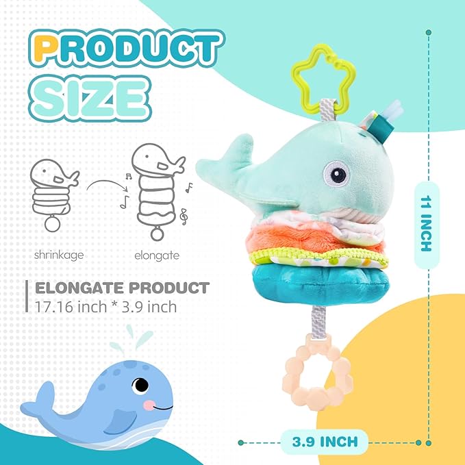 Jollybaby Baby Musical Pull String Hanging Toy for Stroller Car Seat Crib Play Gym, Plush Stuffed Whale Toy for Carseat with Music Teether Crinkle Paper, Sensory Toy for 0-6-12-18 Months Baby Gift-BubblyBeeBaby