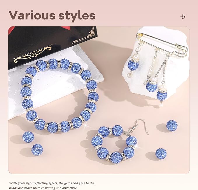 200pcs 10mm Rhinestone Beads for Jewelry Making, Light Blue Shiny Round Disco Ball Beads Bulk, Sparkle Crystal Clay Christmas for Bracelet Baseball Necklace Earring Crafting and DIY-BubblyBeeBaby