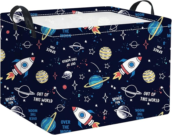 HIYAGON Rectangular Space Basket for Boys Baby Storage Basket Storage Bin Organizer Box Room Decor(Rocket Planet)-BubblyBeeBaby