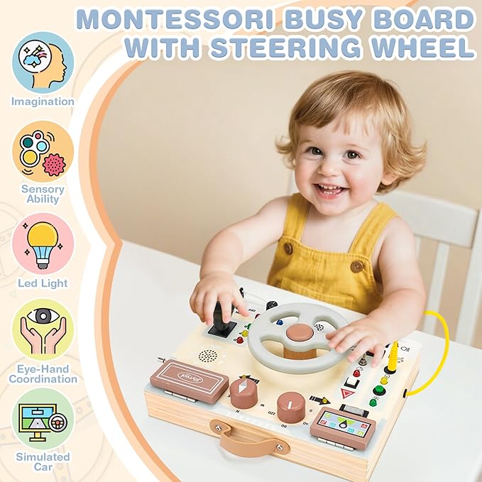 Joyreal Montessori Toddler Busy Board - Montessori Toys for 1 2 3 Years Old, Wooden Sensory Board with LED Lights, Steering Wheel, Music Player, Travel Toys for 1+ Year Old Boy & Girl Birthday Gift-BubblyBeeBaby