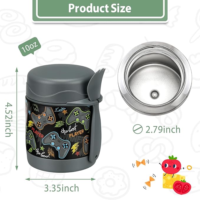 10oz Soup Thermo for Hot Food Kids,Lunch Thermo Kids Food Jar with Spoon Hot Insulated Food Containers,Leak Proof Stainless Steel Wide Mouth Lunch Food Thermo Jar for School(Black-Game Console)-BubblyBeeBaby