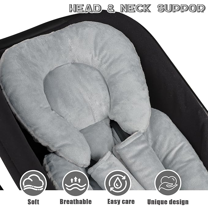 Infant Car Seat Insert Head and Body Support, GFU Reversible Newborn Insert for Carseat with Strap Pads, Soft Stroller Cushion Pillow Insert for Boys and Girls, Fits for Stroller, Swing, Grey-BubblyBeeBaby