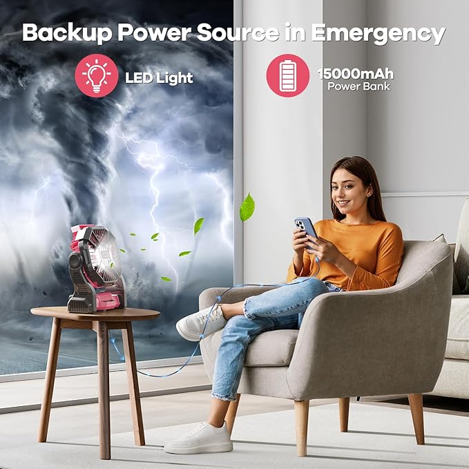 15000mAh Portable Battery Powered Camping Fan - with LED Light, Quiet Battery Operated, Camping Gear for Travel, Tent, Beach, Car or Hurricane Power Outages, Pink-BubblyBeeBaby