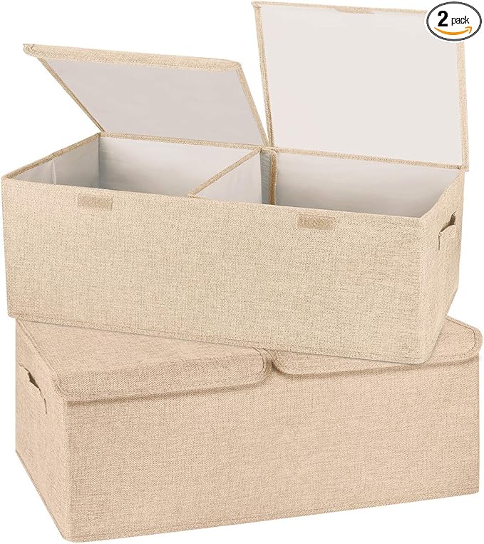 2 Pack Storage Boxes with Lids and Handles, Collapsible Linen Storage Bins Organizer Containers Baskets Cube with Removable Divider for Home Bedroom Closet Office (Khaki, Small)-BubblyBeeBaby