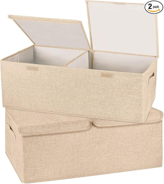 2 Pack Storage Boxes with Lids and Handles, Collapsible Linen Storage Bins Organizer Containers Baskets Cube with Removable Divider for Home Bedroom Closet Office (Khaki, Small)-BubblyBeeBaby