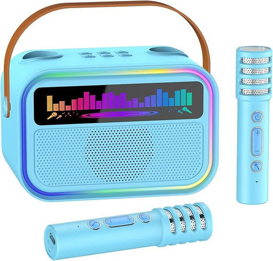 Karaoke Machine for Kids Adults, Birthday Gifts Toys for Girls Boys Age 3-12+,Mini Portable Bluetooth Singing Speaker with 2 Wireless Microphones & LED Lights (Blue)-BubblyBeeBaby