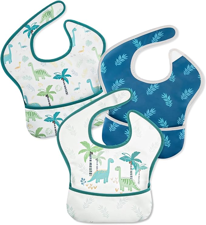 Mess Proof Baby Bib 3 Pack, Waterproof Led Weaning Baby Feeding Bibs with Food Catcher, Travel Feeding Bibs-BubblyBeeBaby