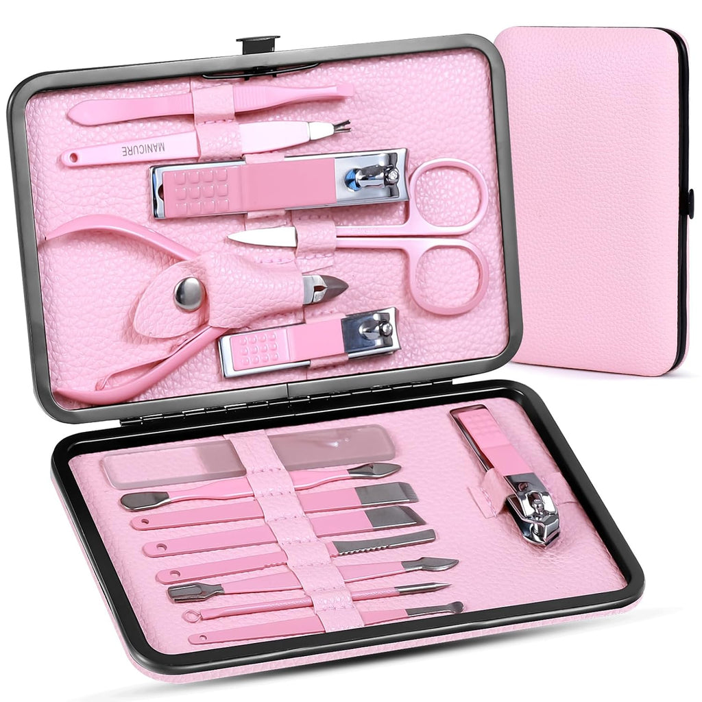 Women' Manicure Set Pedicure Kit Nail Clippers Set Fingernail Clipper Set Ingrown Toenail Nail Kit Scissor Nail Trimmer Kit 15 in 1 Travel Nail Kit Care Grooming Tools with Fine Case Gift (Pink 15)