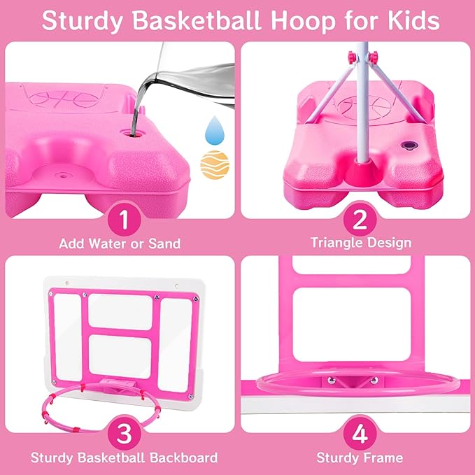 Kids Basketball Hoop with Stand, Adjustable Height 3.5FT-6.2FT Toddler Basketball Hoop, Basketball Goal Outdoor Indoor Toys for Girls Age 3 4 5 6 7 8 Years Old Gifts(Pink)-BubblyBeeBaby