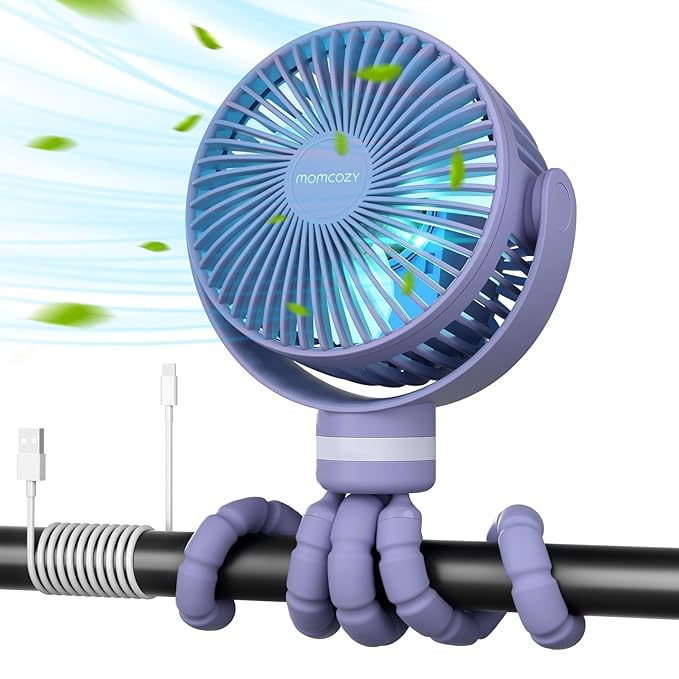 Momcozy Portable Stroller Fan, 8000mAh, 27H Ultra-long Battery Life, Detachable 4 Speed 360°Rotate, LED Night Light with 2 Modes, USB Rechargeable Handheld Cooling Fan for Travel, Car Seat, Bedroom-BubblyBeeBaby