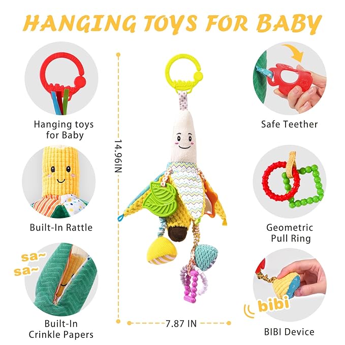 Jollybaby Stroller Rattle Toys for Car Seat Parm, Fruit Plush Hanging Infant Crib Bed Travel Activity Ring Bell with Crinkle, Squeaky & Teether for Boys Girls(Banana)-BubblyBeeBaby