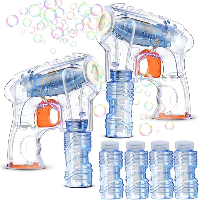Kid Odyssey 2 Pack Bubble Gun with 4 Refill Solution and 3 Colorful LED Light, Bubble Machine for Kids, Bubble Maker for Party Favors, Birthday Gift, Indoor Outdoor Toys for Toddlers-BubblyBeeBaby