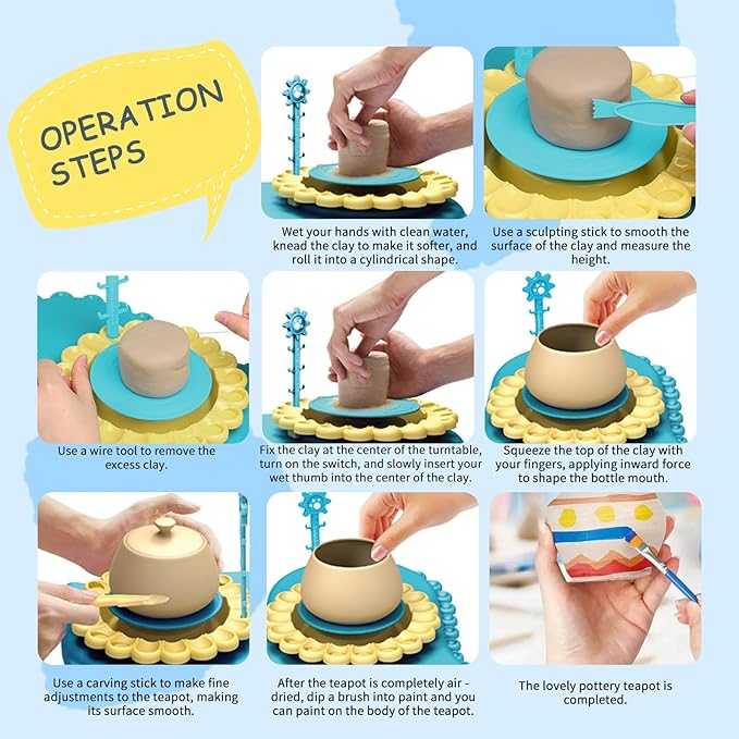 HTUONIAO Dinosaur Pottery Wheel Kit for Kids Ages 6-12 with 3 Air Dry Clays & Tools - Complete Arts and Crafts Studio for Beginners, Creative Gift for Boys and Girls-BubblyBeeBaby