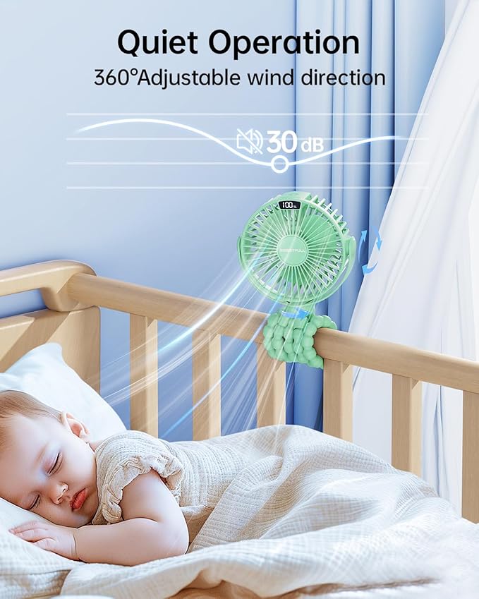 SWEETFULL Portable Stroller Fan with Display 4000mAh Battery Powered Mini Clip On Fan, 4-Speed Rechargeable Small Personal Cooling for Baby Car Seat Crib Travel - Green-BubblyBeeBaby