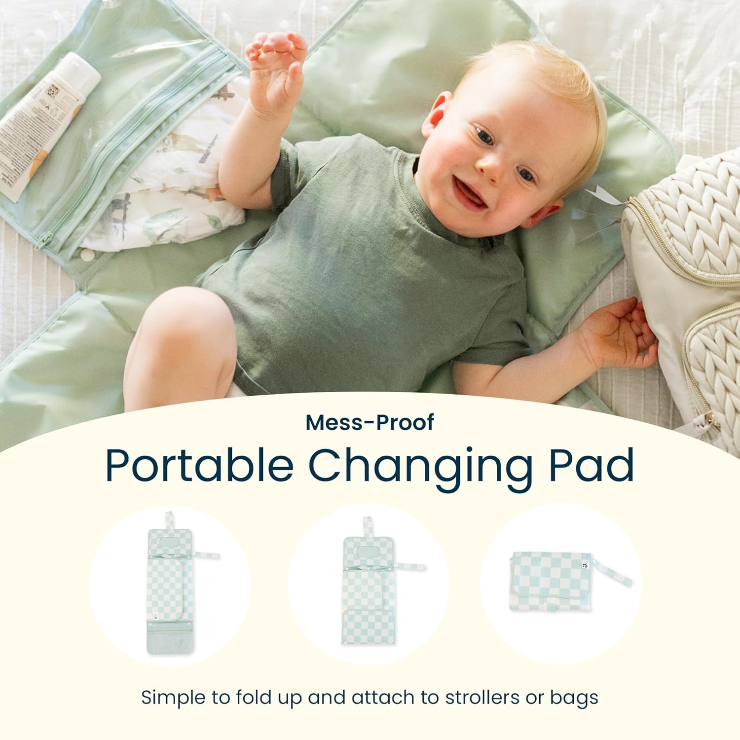 Tiny Twinkle Portable Diaper Changing Pad-Foldable Waterproof Changing Mat&Portable Changing Pad for Travel,Baby Changing Station with Smart Wipes Pocket&Storage (Beige Checkers)