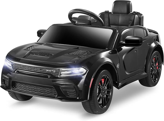 12V 7Ah Kids Electric Ride on Car, Licensed Dodge Charger SRT Hellcat, Battery Powered 4-Wheels Toy Car Electric Vehicle for Kids with Remote Control, 3 Speeds, LED Lights, Music (Black)-BubblyBeeBaby