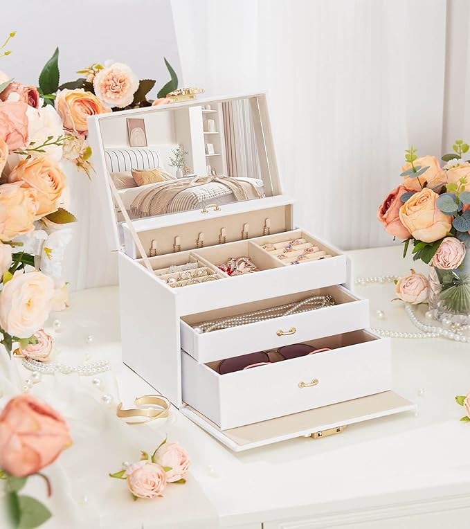 Jewelry Box with Lock for Girls: Jewelry Organizer for Dresser - 3-Drawer Earrings Storage Girls Women Gift (White)-BubblyBeeBaby