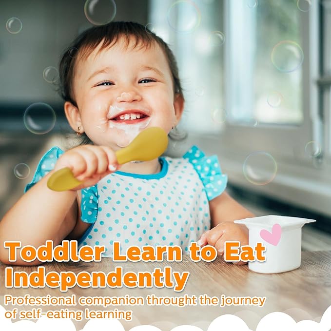 10 Pieces Baby Led Weaning Spoons and Forks Set Infant Silicone Spoon First Self Feed Baby training Utensils for Toddler First Stage Feeding Supplies for Kids Over 6 Months, 5 Pairs(Fresh Colors)-BubblyBeeBaby