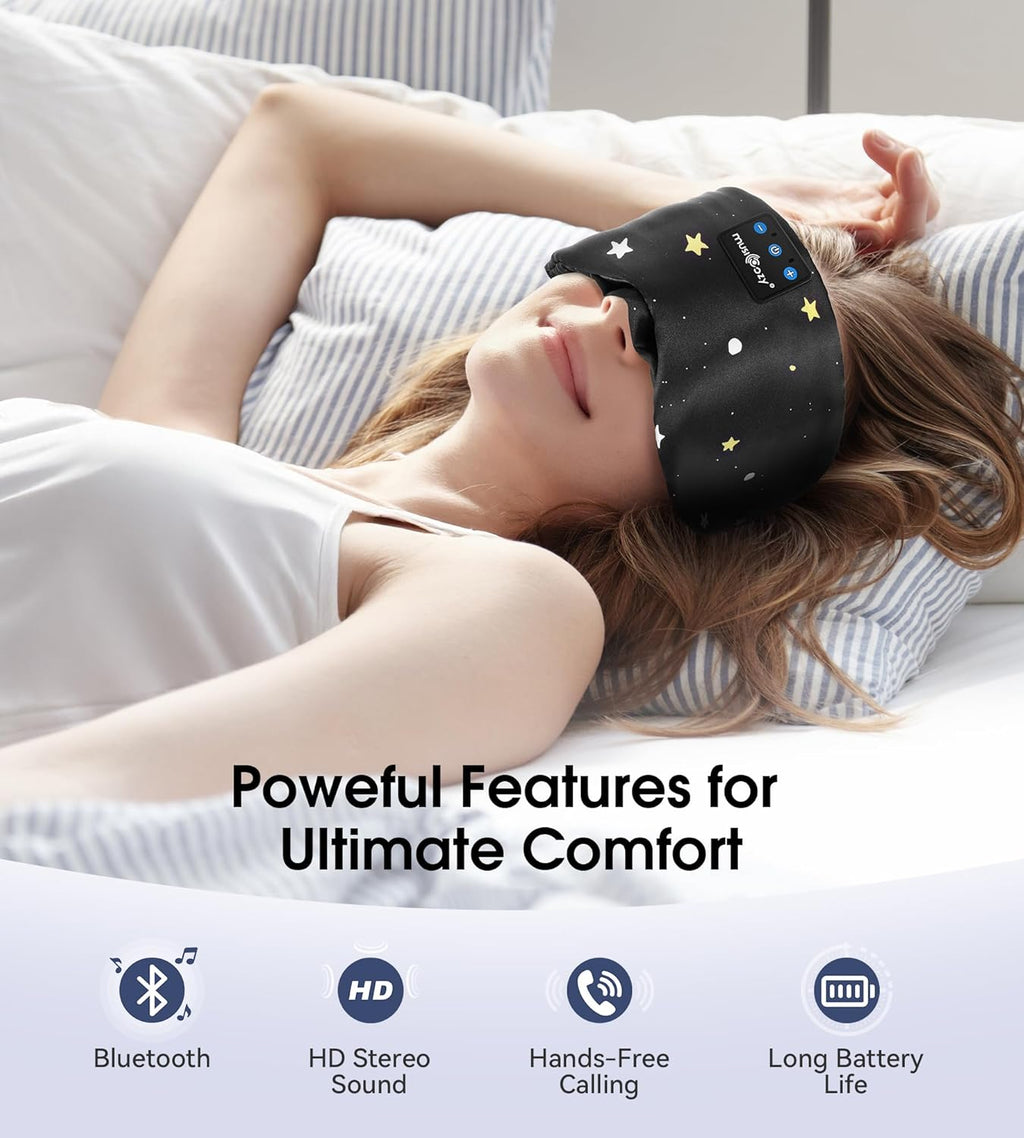 MUSICOZY Mulberry Silk Bluetooth Sleep Mask with HD Stereo Sound, Wireless Sleep Headband Headphones for Side Sleepers, Adjustable Size, Total Light Blocking, Perfect for Travel Relaxation Sleep